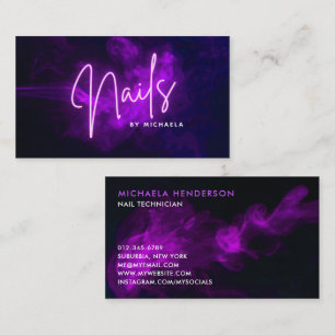 Cartão De Visita Técnico de Unhas Moderno com Neon Roxo e Fumaça