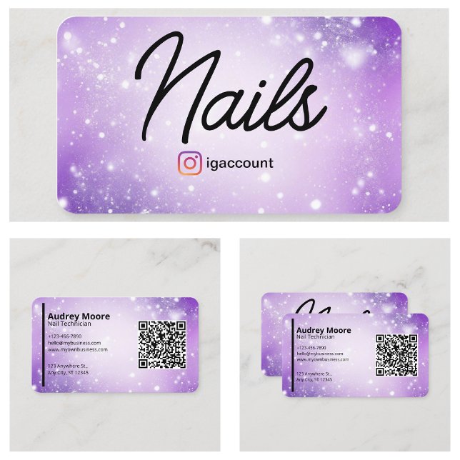 Cartão De Visita Tecnologia Nail de Código QR de Placa Profissional (Design Purple Professional Card QR Code Nail Tech
)