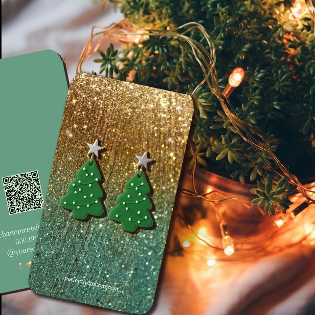 Cartão De Visita Tela de ressonância Dourada e com gradiente de bri (Gold and Teal Glitter Gradient Earring Display card #zazzlemade #holiday #christmas #luxurypackaging)