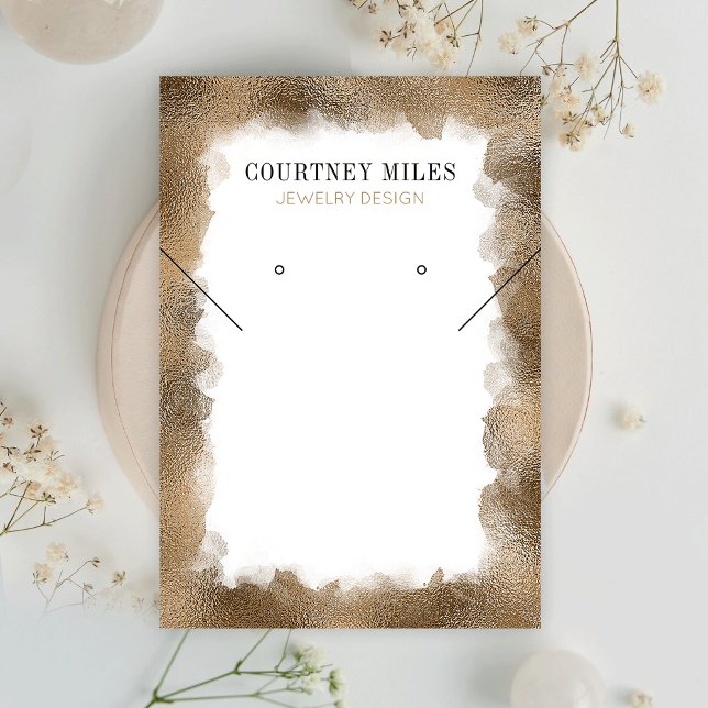 Cartão De Visita Tela Dourada Glitter Modern Lux Earrings Jewelry (White and gold glitter jewelry display cards with elegant fonts and customizable text)