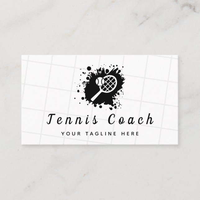 Cartão De Visita Tênis Racket Ink Splash Black & White Coach Club (Frente)