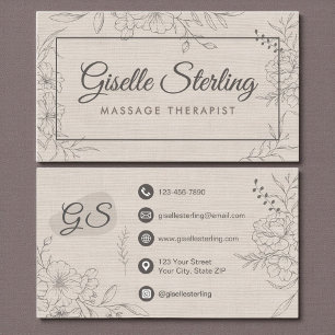 Cartão De Visita Terapeuta de Massagem Arte de Linha Floral em Lino