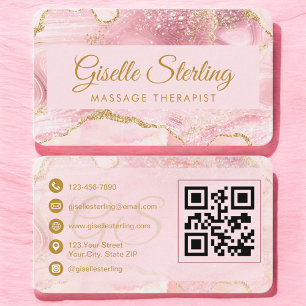 Cartão De Visita Terapeuta de Massagem Código QR Ágata Rosa Dourada