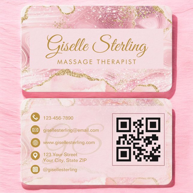 Cartão De Visita Terapeuta de Massagem Código QR Ágata Rosa Dourada (Criador carregado)