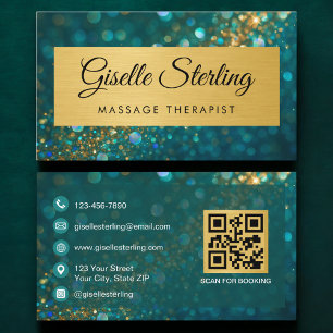 Cartão De Visita Terapeuta de Massagem Código QR Brilho Dourado Tea