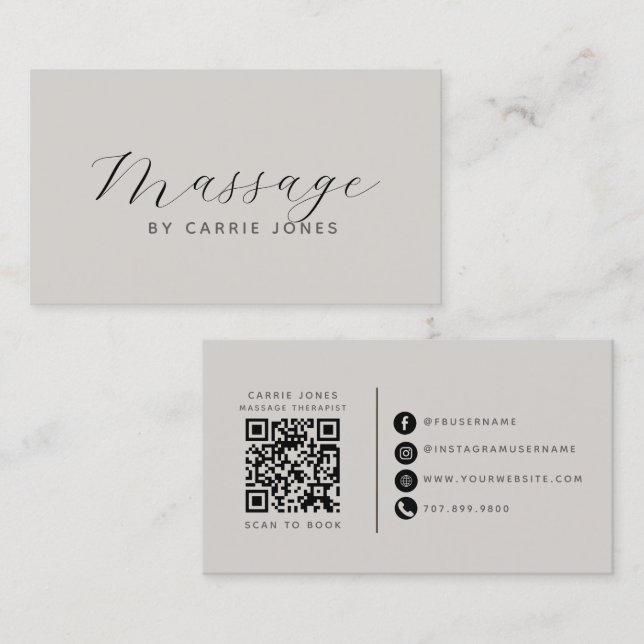Cartão De Visita Terapeuta de Massagem Código QR Neutro (Frente/Verso)
