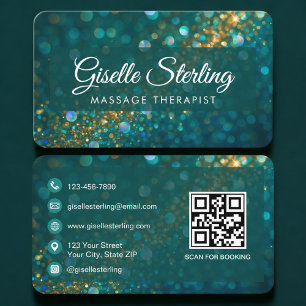 Cartão De Visita Terapeuta de Massagem Código QR Verde Dourado Pro