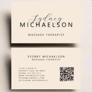 Cartão De Visita Terapeuta de Massagem Elegante Código QR Bege Neut