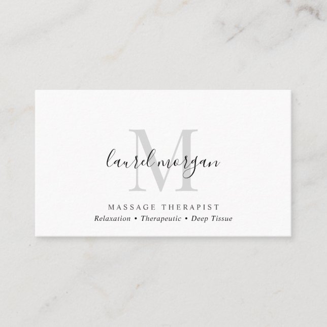 Cartão De Visita Terapeuta de Massagem Moderna Script Monograma Sim (Frente)