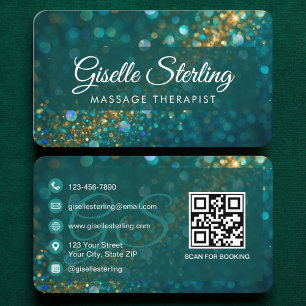 Cartão De Visita Terapeuta de Massagem QR Code Verde Dourado