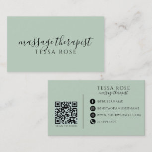 Cartão De Visita Terapeuta de Massagem QR Code Verde Sage