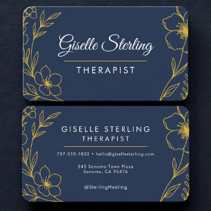 Cartão De Visita Terapeuta Floral Azul Marinho Dourado Profissional
