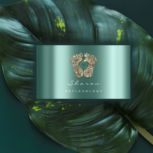 Cartão De Visita Terapêutica De Massagem Reflexologia Teal Dourada  (Massage Therapy Reflexology Teal Gold Glitter Feet Business Card)