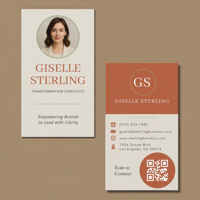 Cartão De Visita Terracotta Sage Green Photo QR Code (Criador carregado)