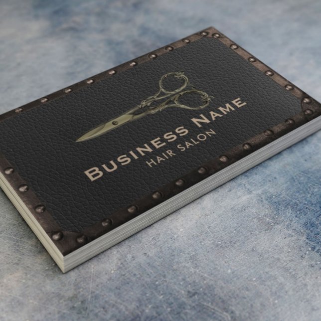 Cartão De Visita Tesoura Antiquada de Salão de Cabelo Couro e Metai (Criador carregado)