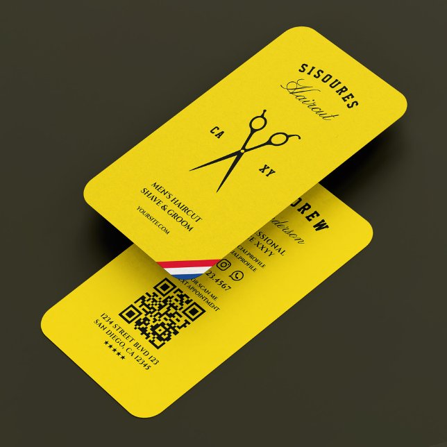 Cartão De Visita Tesoura Barber Amarelo Vermelho Branco Azul (Retro Barber Scissors Yellow Red White Blue Business Card
)