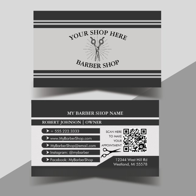 Cartão De Visita Tesoura Black and Cinza Barber Compra (Black and Grey Vintage Barber Scissors Modern Professional Business Card)