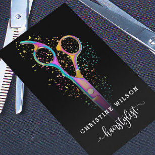Cartão De Visita tesoura colorida do cabeleireiro a preto