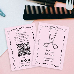 Cartão De Visita Tesoura de Cabelereiro Rosa Feminina & Código QR C