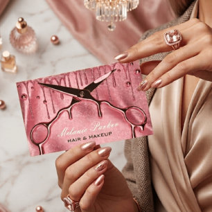 Cartão De Visita Tesoura de Cabelo com Brilho em Rose Gold Drip