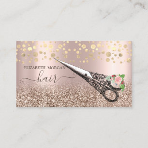 Cartão De Visita Tesoura de Confete Vintage Dourado Rosa Brilho