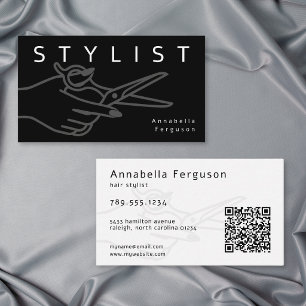 Cartão De Visita Tesoura de Estilista de Cabelo Moderna QR Preto Br