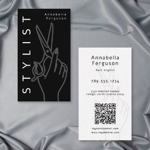 Cartão De Visita Tesoura de Estilista de Cabelo Moderna QR Preto Br