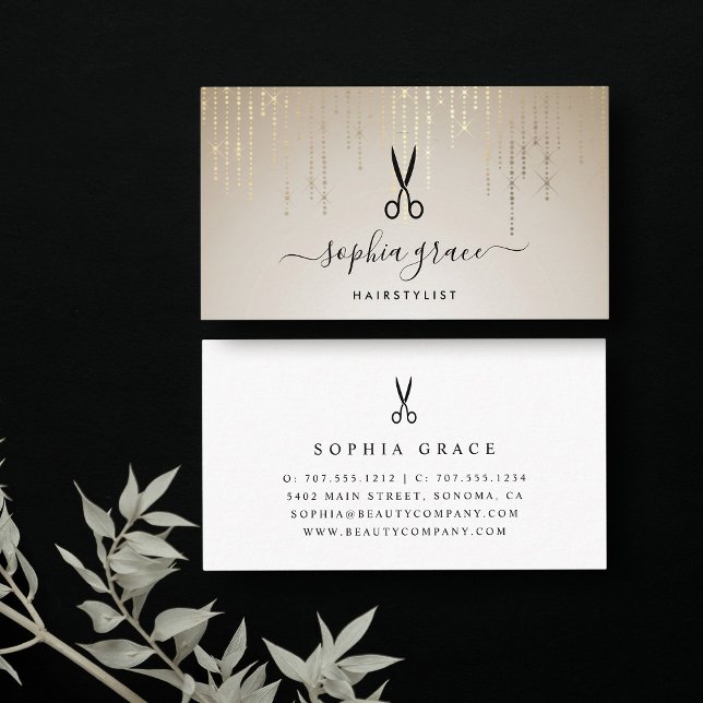 Cartão De Visita Tesoura de Hairstylist de Chuva ouro (Criador carregado)