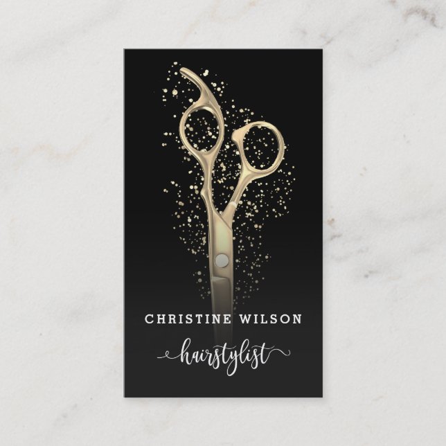 Cartão De Visita Tesoura do cabeleireiro do ouro a preto (Frente)