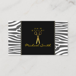 Cartão De Visita Tesoura Dourada Cabelereiro Moderno Pele de Zebra 