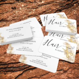 Cartão De Visita Tesoura Dourada  de Cabelo Hairstylist, branca pre