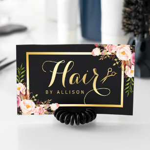 Cartão De Visita Tesoura Dourada de Hair Stylist Trendy Girly Flora
