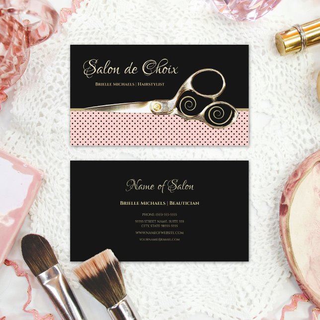 Cartão De Visita Tesoura Dourada do Salão Chic, Rosa e Bolinhas Neg (Chic Salon Pink and Black Polka Dots Gold Scissors Business Cards)
