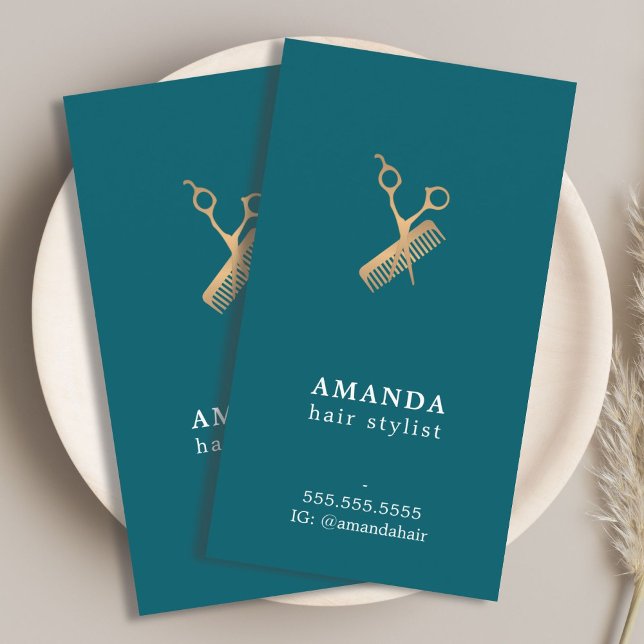 Cartão De Visita Tesoura Dourada Elegante Hairstylist (Criador carregado)