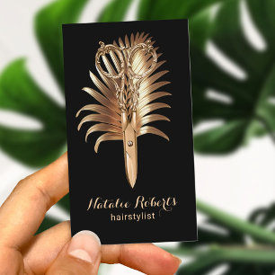 Cartão De Visita Tesoura Dourada moderna e Leaf Hair Stylist Salon 