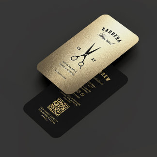 Cartão De Visita Tesoura Dourada Preta Faux Barbershop Elegante