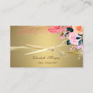 Cartão De Visita Tesoura Elegante, Flores Plumas Dourado Falso
