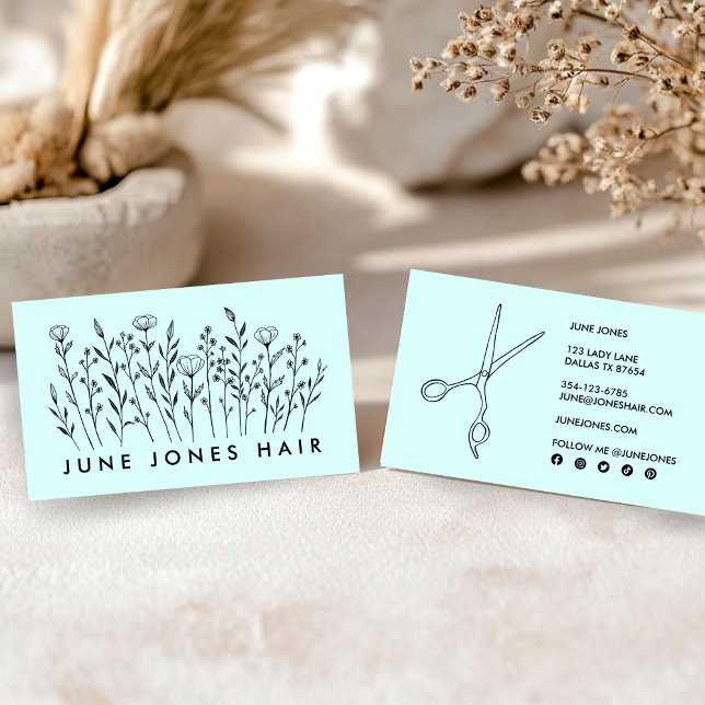 Cartão De Visita Tesoura Hair Stylist Flores Selvagens Elegantes (Hair Stylist Scissors Elegant Wildflowers Minty Business Card
)