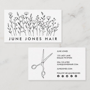 Cartão De Visita Tesoura Hair Stylist Flores Selvagens Elegantes BW