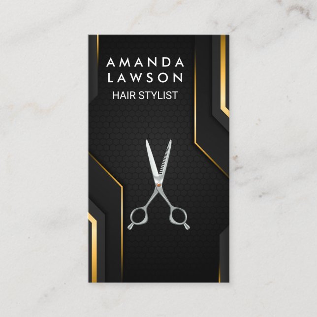 Cartão De Visita Tesoura Hair Stylist | Fundo Dourado Preto (Frente)