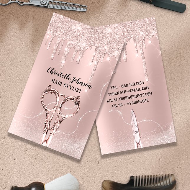 Cartão De Visita Tesoura Hair Stylist Rosa DripGlitter Hairdresser (Hair Stylist Rose DripGlitter Hairdresser Scissors Business Card)