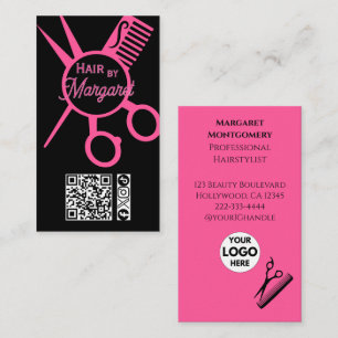 Cartão De Visita Tesoura Minimalista Rosa Preto Código QR Salão de 