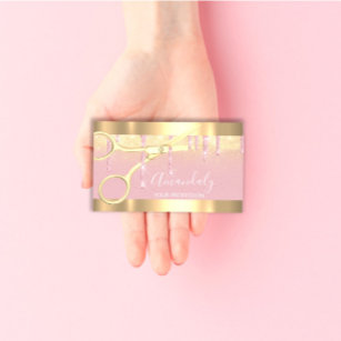 Cartão De Visita Tesoura moderna do cabeleireiro pica Dourada rosa