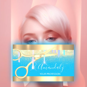 Cartão De Visita Tesoura moderna do cabeleireiro pinga azul Dourado