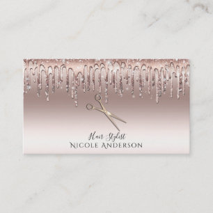 Cartão De Visita Tesoura para Cabelereiro Rose Gold Salon com Brilh