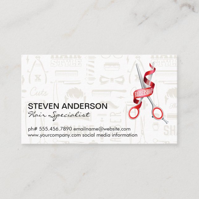 Cartão De Visita Tesoura para Clippers de Cabelo | Padrão de barbei (Frente)