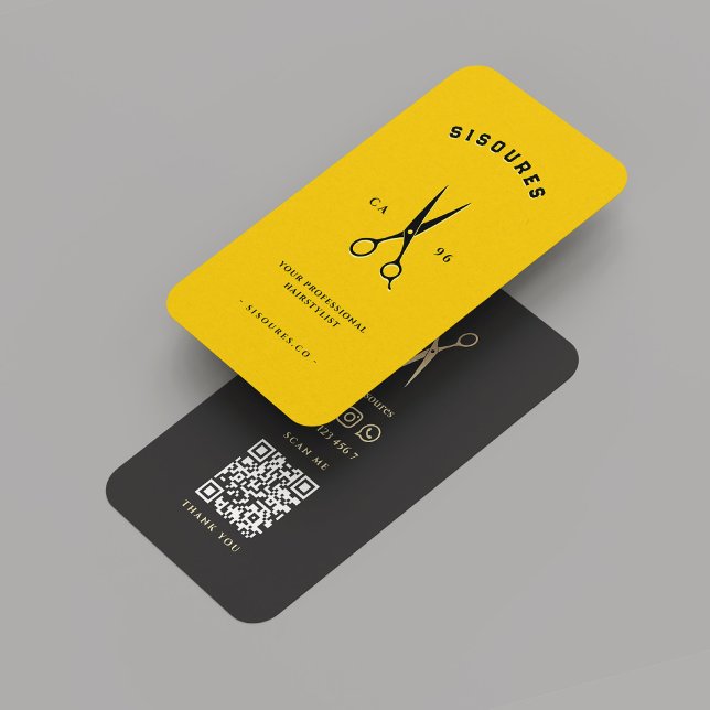 Cartão De Visita Tesoura Preta Amarela Barber, Hairstylist Moderna (Modern Hairstylist Barber Yellow Black Scissors Business Card
)