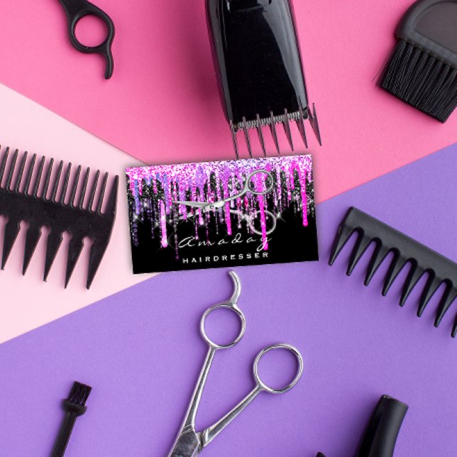 Cartão De Visita Tesoura profissional do cabeleireiro Prateado Rosa (Professional Hairdresser Scissors Silver Hot Pink Business Card)
