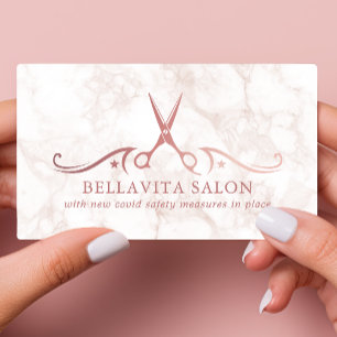 Cartão De Visita Tesoura Rose Gold Salão de Mármore Segurança Covid