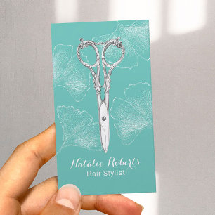 Cartão De Visita Tesoura Vintage Ginkgo Deixa Cabelo Estilista Teal